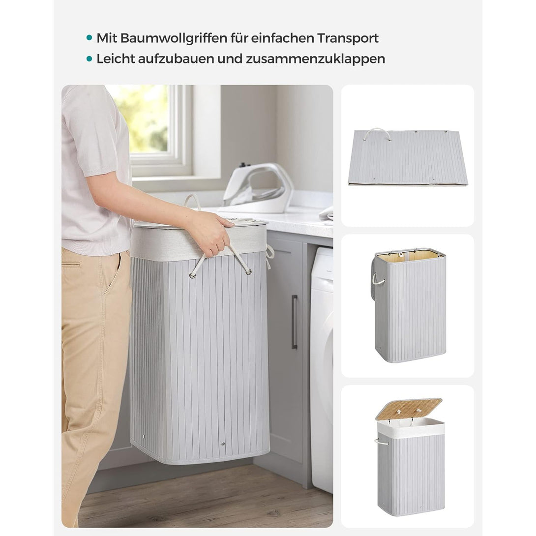 Szennyestartó fedéllel, 72 L, bambusz szennyeskosár, szürke-Vashome.sk