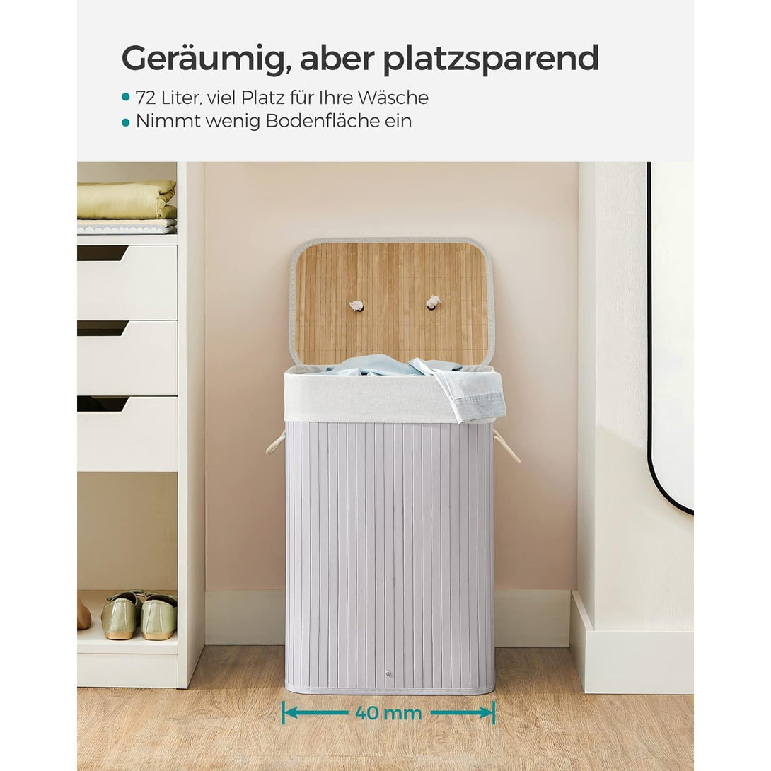 Szennyestartó fedéllel, 72 L, bambusz szennyeskosár, szürke-Vashome.sk