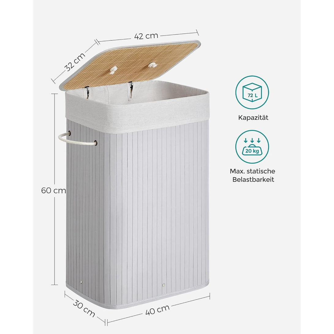 Szennyestartó fedéllel, 72 L, bambusz szennyeskosár, szürke-Vashome.sk