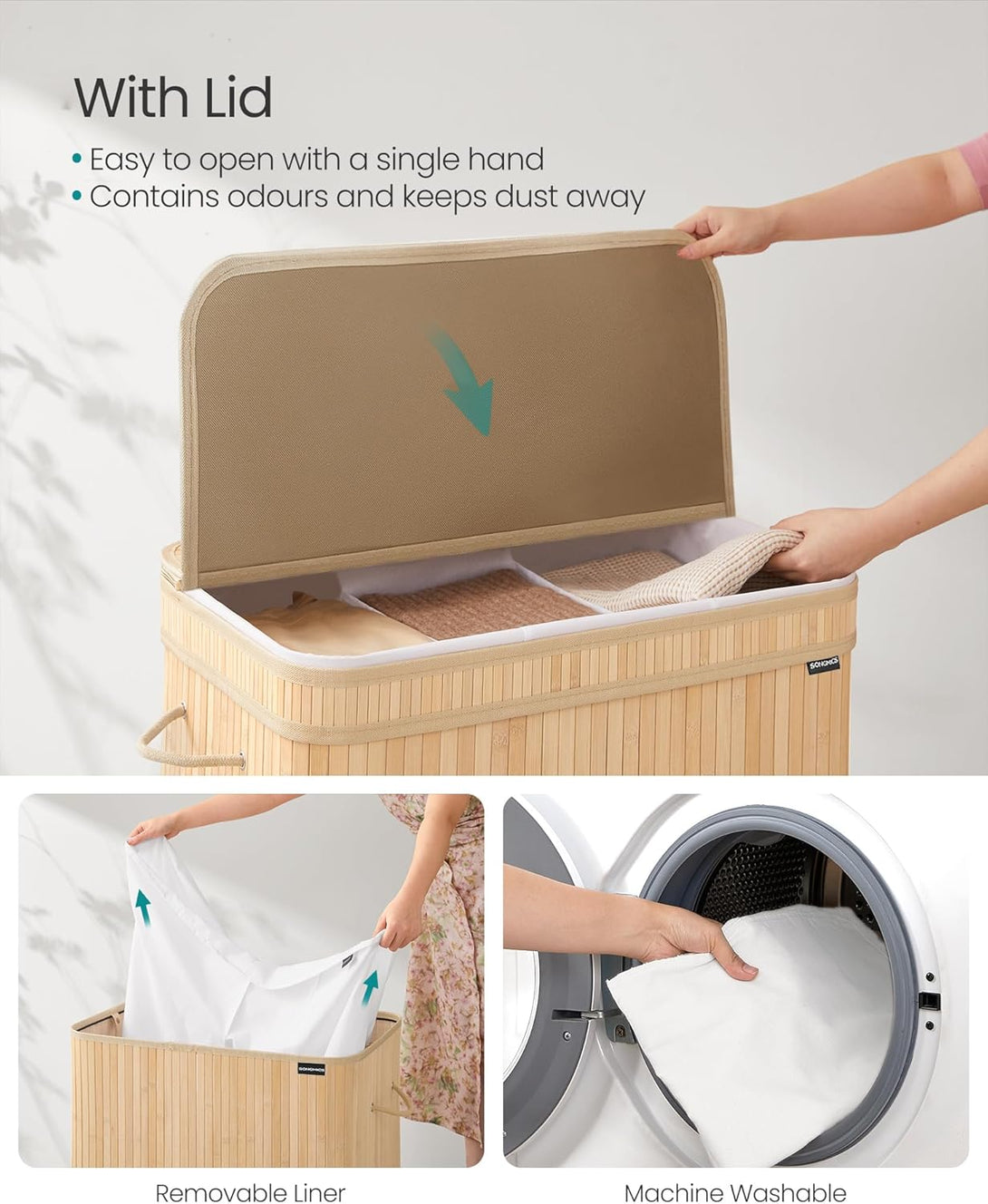 Fedeles szennyeskosár, bambusz ruháskosár 150 L, természetes bézs színben-Vashome.sk