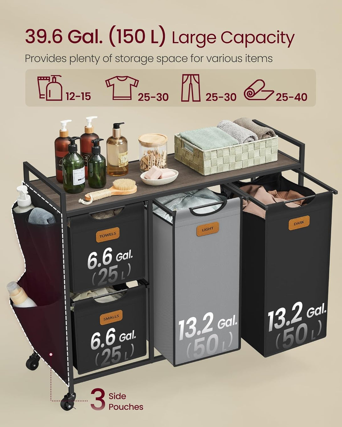 Szennyeskosár 4 rekesszel, 150 L-es ruhaválogató, fekete-szürke-Vashome.sk