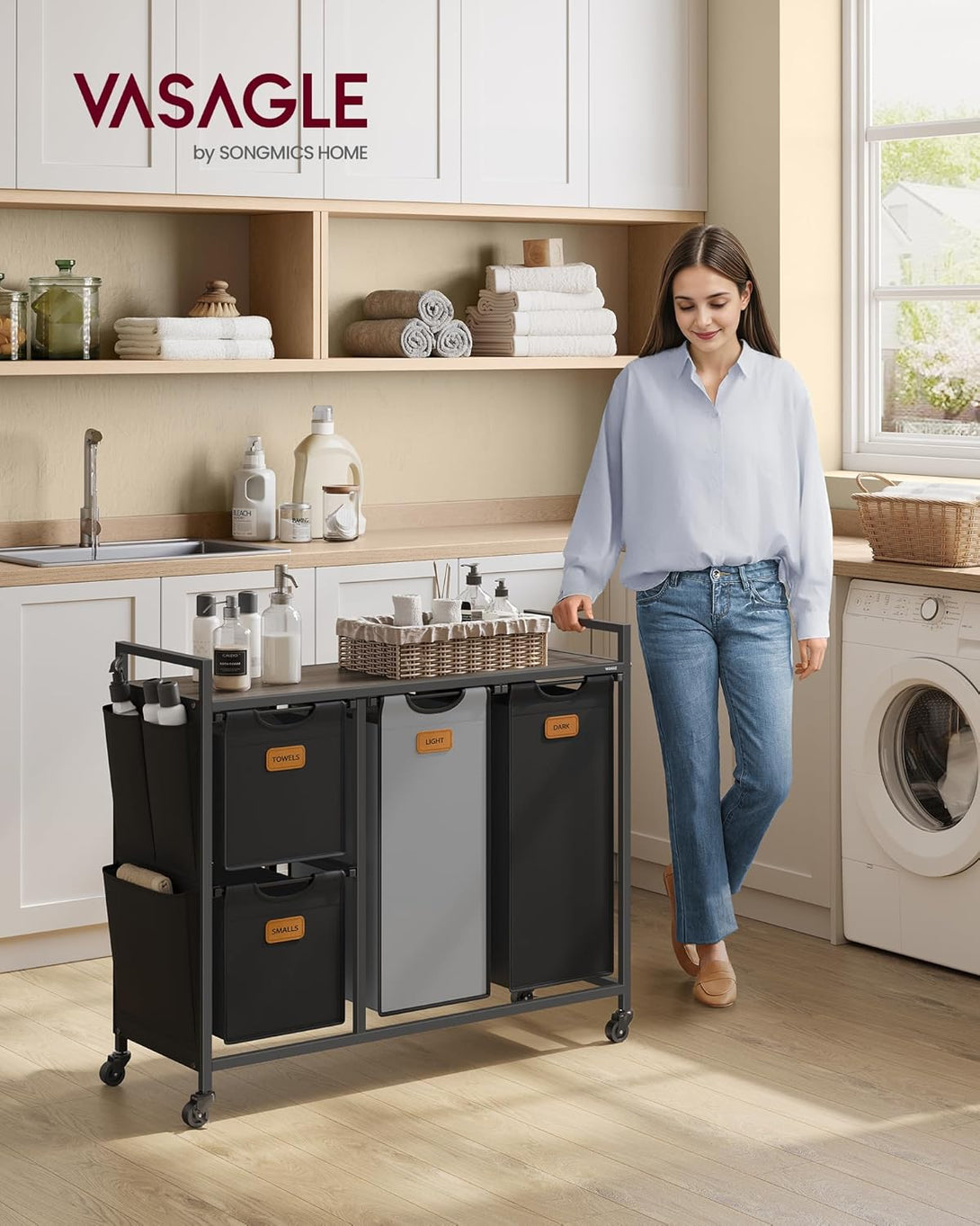 Szennyeskosár 4 rekesszel, 150 L-es ruhaválogató, fekete-szürke-Vashome.sk