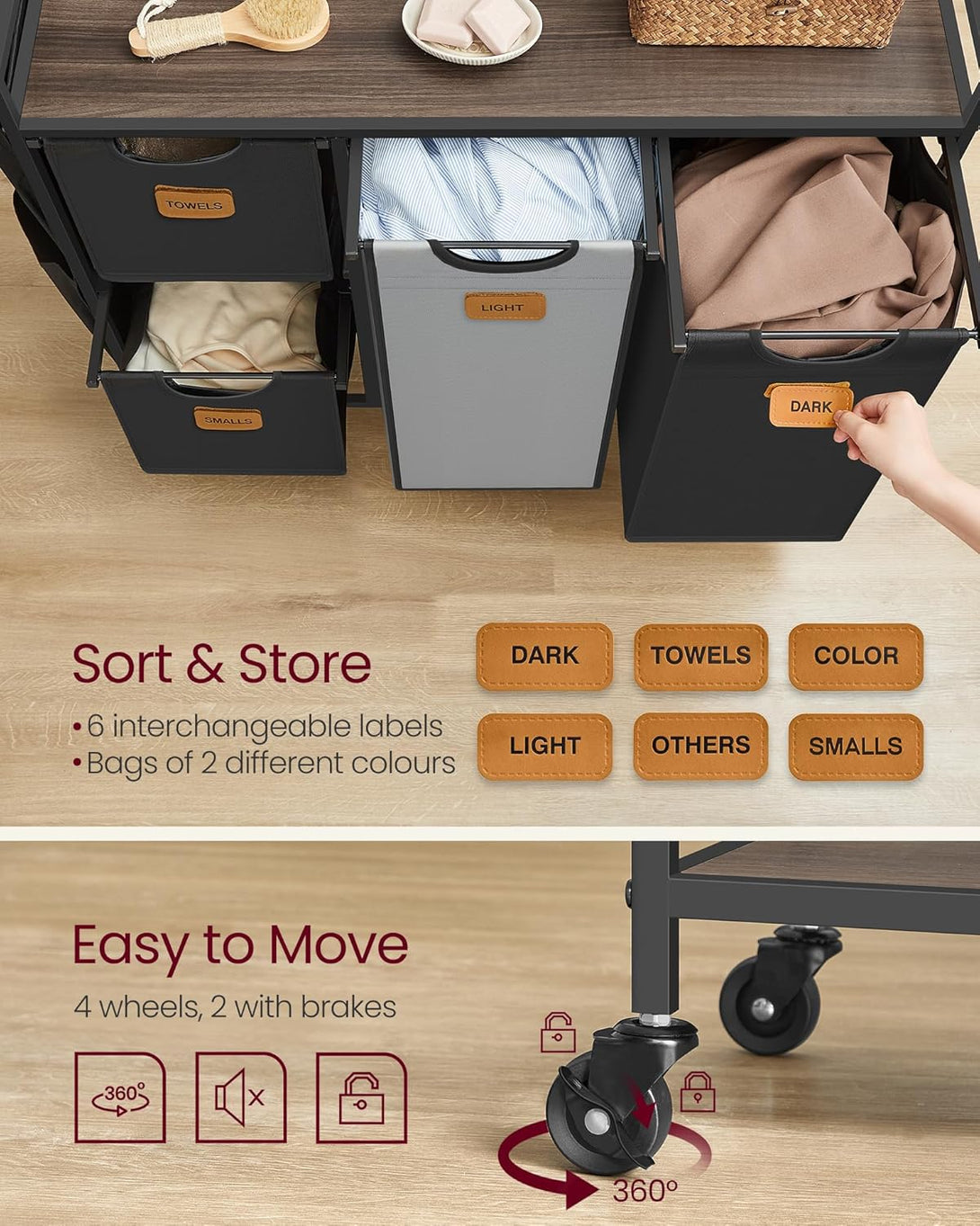 Szennyeskosár 4 rekesszel, 150 L-es ruhaválogató, fekete-szürke-Vashome.sk