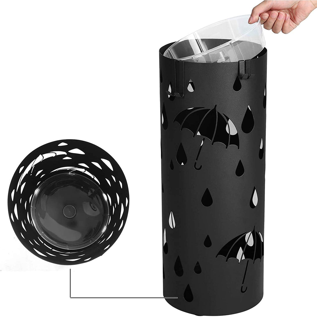 Kovový držiak na dáždniky, okrúhly stojan na dáždniky s háčikmi a odkvapkávačom, 49 x Ø 19,5 cm, čierny-Vashome.sk