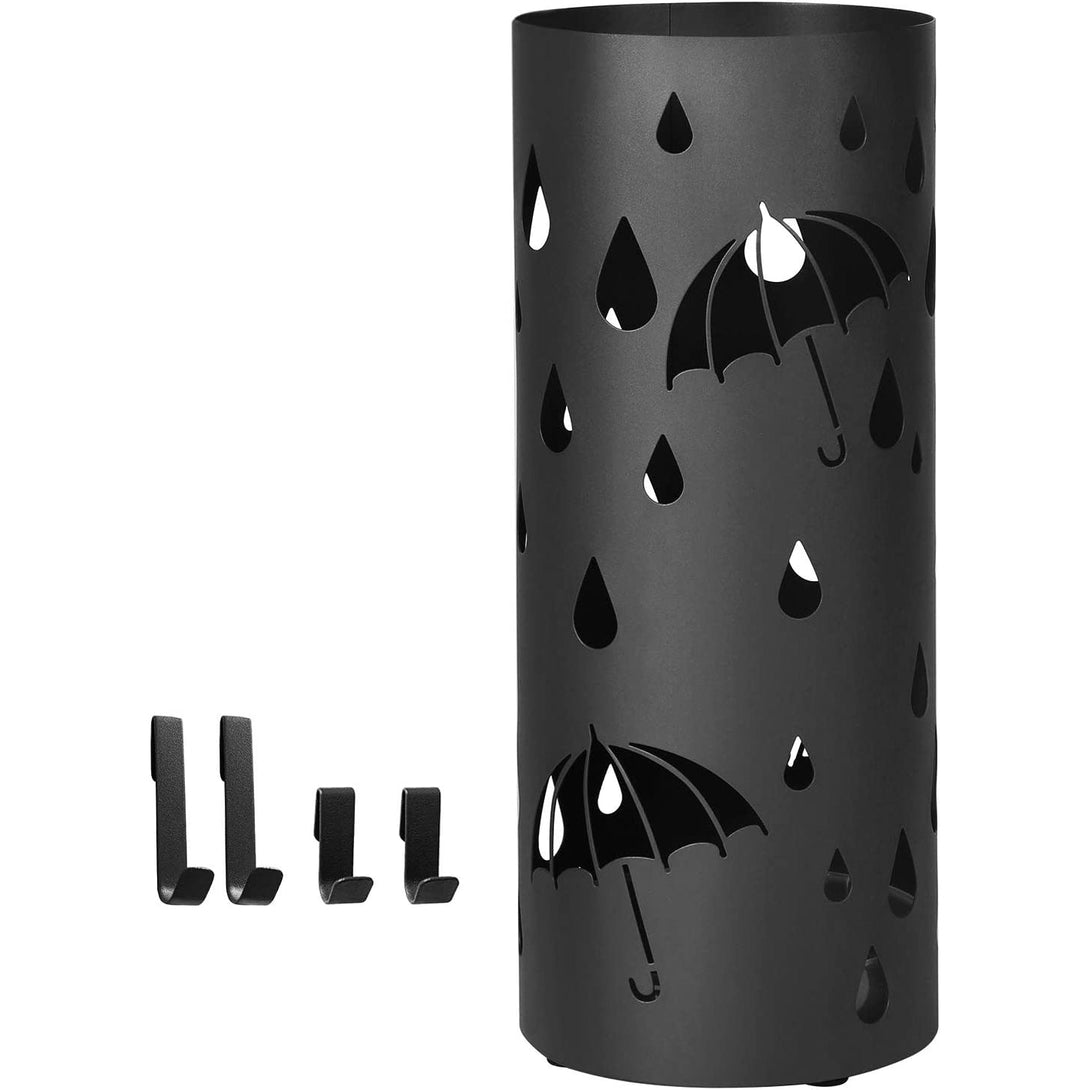 Kovový držiak na dáždniky, okrúhly stojan na dáždniky s háčikmi a odkvapkávačom, 49 x Ø 19,5 cm, čierny-Vashome.sk