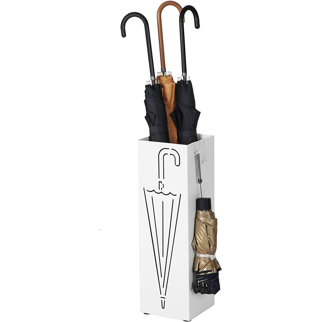 Kovový držiak na dáždniky s háčikmi a odkvapkávačom, 15,5 x 15,5 x 49 cm, biely-Vashome.sk