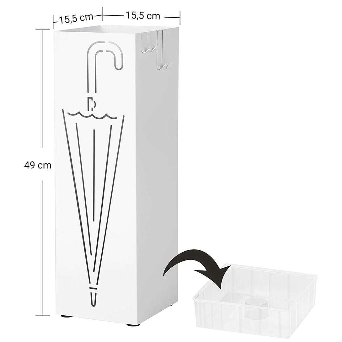 Kovový držiak na dáždniky s háčikmi a odkvapkávačom, 15,5 x 15,5 x 49 cm, biely-Vashome.sk