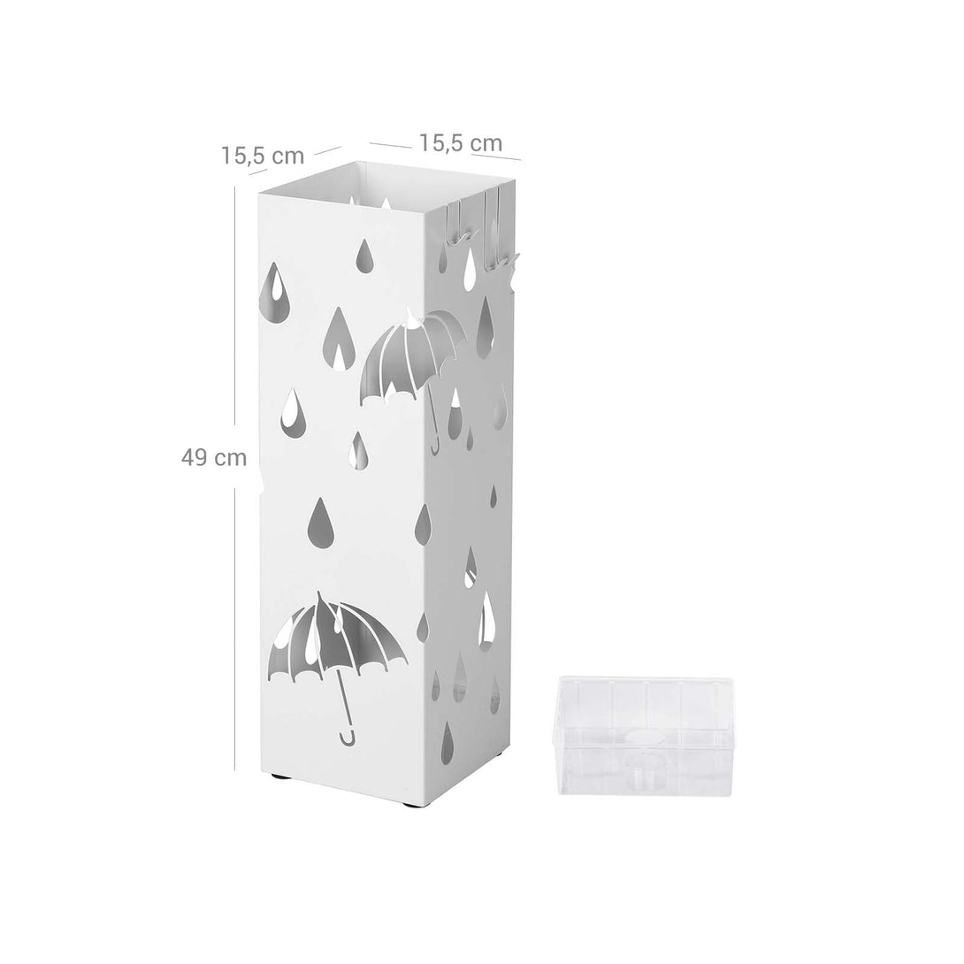 Kovový držiak na dáždniky s háčikmi a odkvapkávačom, 49 x 15,5 x 15,5 cm, biely-Vashome.sk