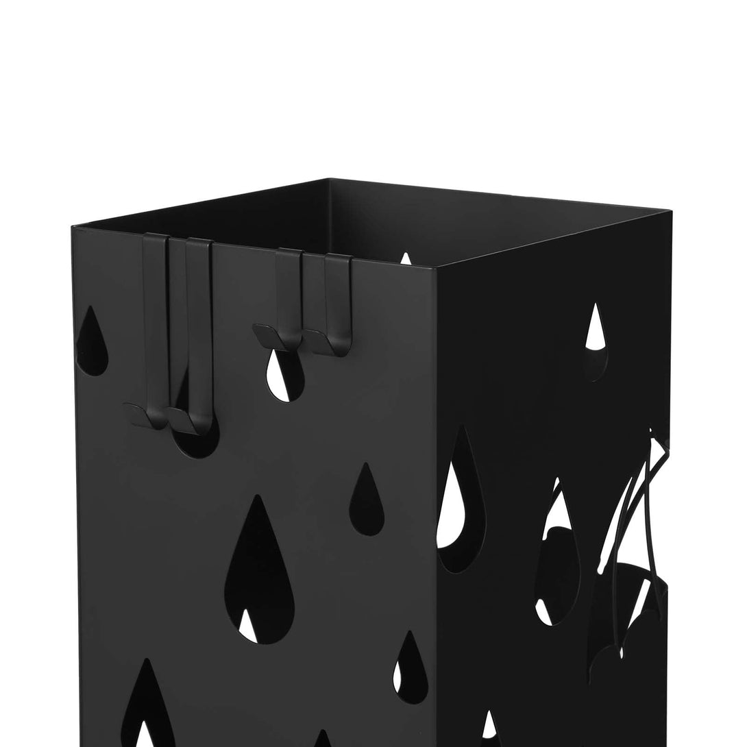 Kovový držiak na dáždniky, štvorcový s háčikmi a odkvapkávačom, 15,5 x 15,5 x 49 cm, čierny-Vashome.sk