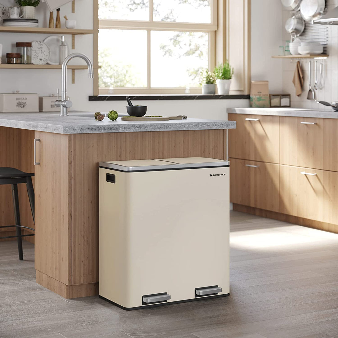 Kovový pedálový odpadkový kôš 2 x 30 L, vzduchotesný, krémovo biely-Vashome.sk