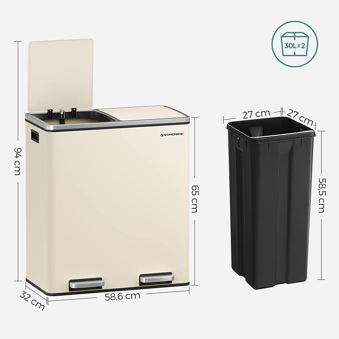 Kovový pedálový odpadkový kôš 2 x 30 L, vzduchotesný, krémovo biely-Vashome.sk