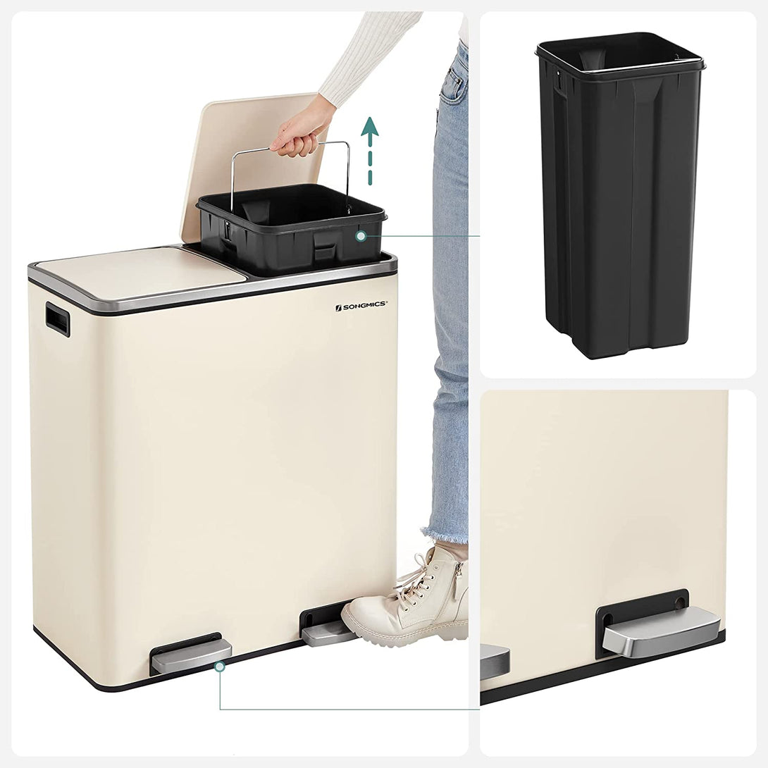 Kovový pedálový odpadkový kôš 2 x 30 L, vzduchotesný, krémovo biely-Vashome.sk