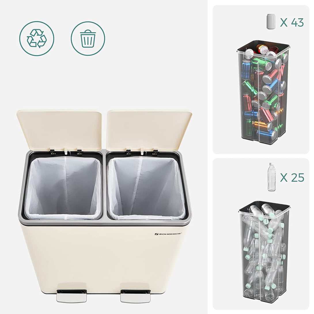 Kovový pedálový odpadkový kôš 2 x 30 L, vzduchotesný, krémovo biely-Vashome.sk
