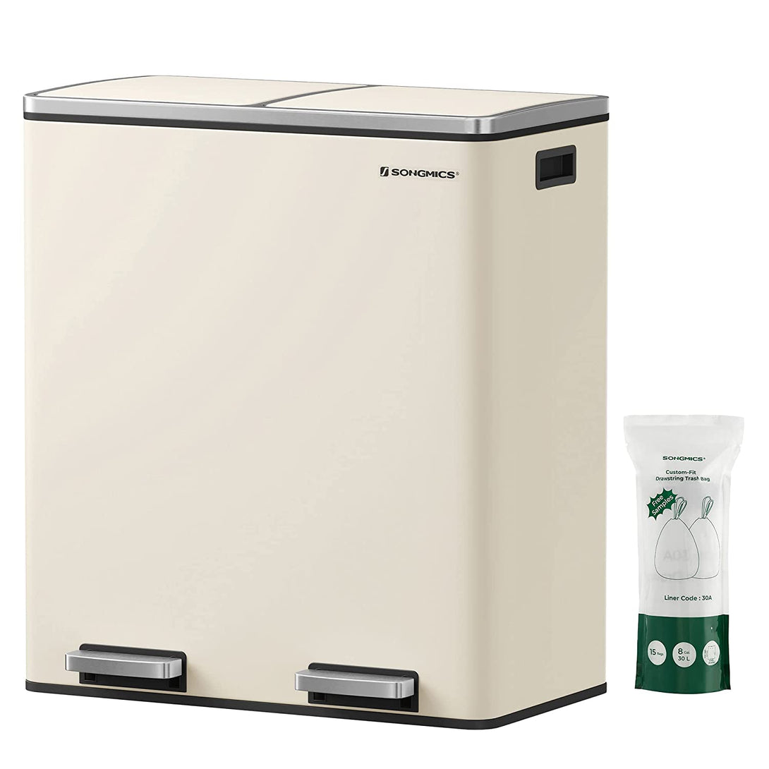 Kovový pedálový odpadkový kôš 2 x 30 L, vzduchotesný, krémovo biely-Vashome.sk
