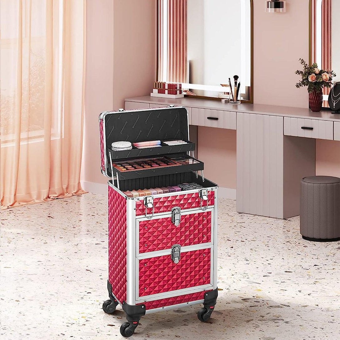 Kozmetický kufrík s 3 úrovňami, s kolieskami, červený | SONGMICS-Vashome.sk