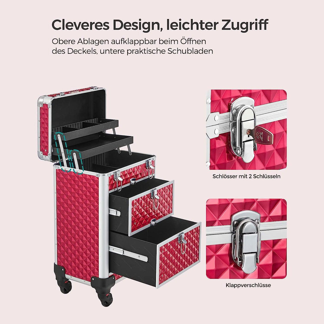 Kozmetický kufrík s 3 úrovňami, s kolieskami, červený | SONGMICS-Vashome.sk