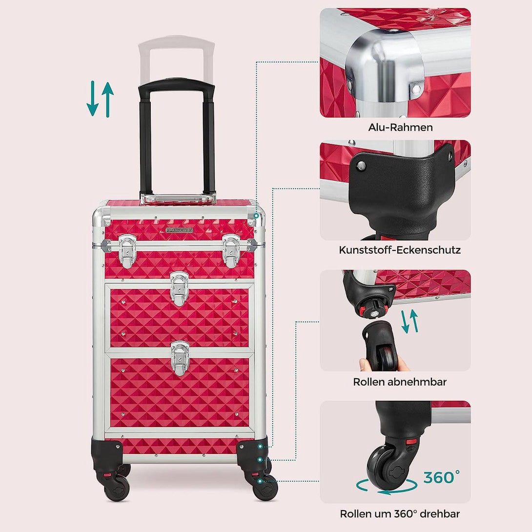 Kozmetický kufrík s 3 úrovňami, s kolieskami, červený | SONGMICS-Vashome.sk