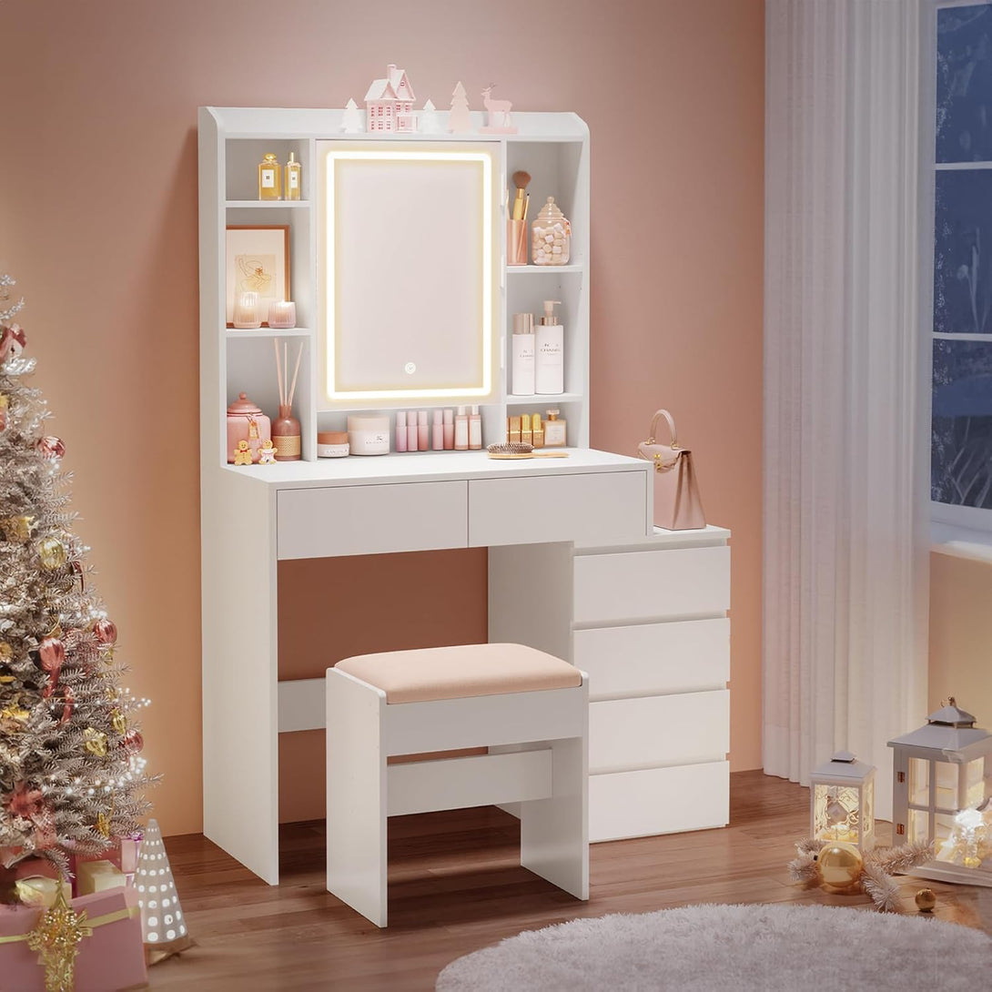 VASAGLE sminkasztal LED-világítással, székkel, felhőfehér színben-Vashome.sk