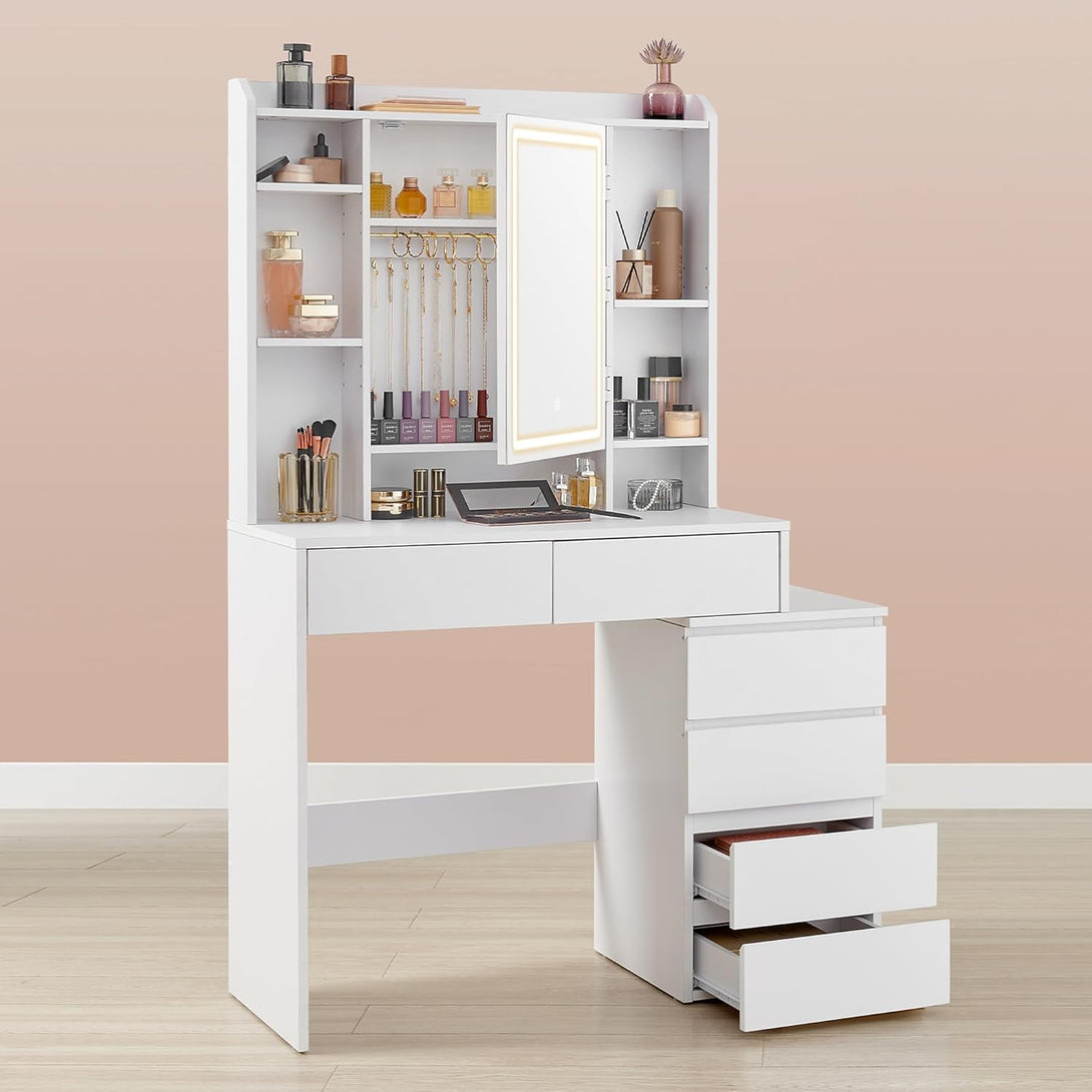 VASAGLE sminkasztal LED-világítással, székkel, felhőfehér színben-Vashome.sk