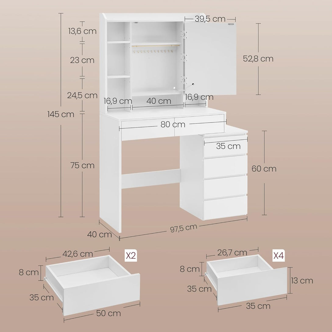 VASAGLE sminkasztal LED-világítással, székkel, felhőfehér színben-Vashome.sk