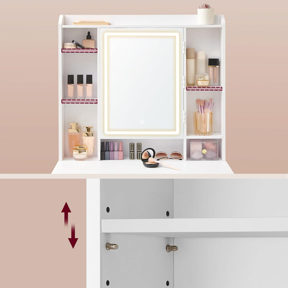 VASAGLE sminkasztal LED-világítással, székkel, felhőfehér színben-Vashome.sk