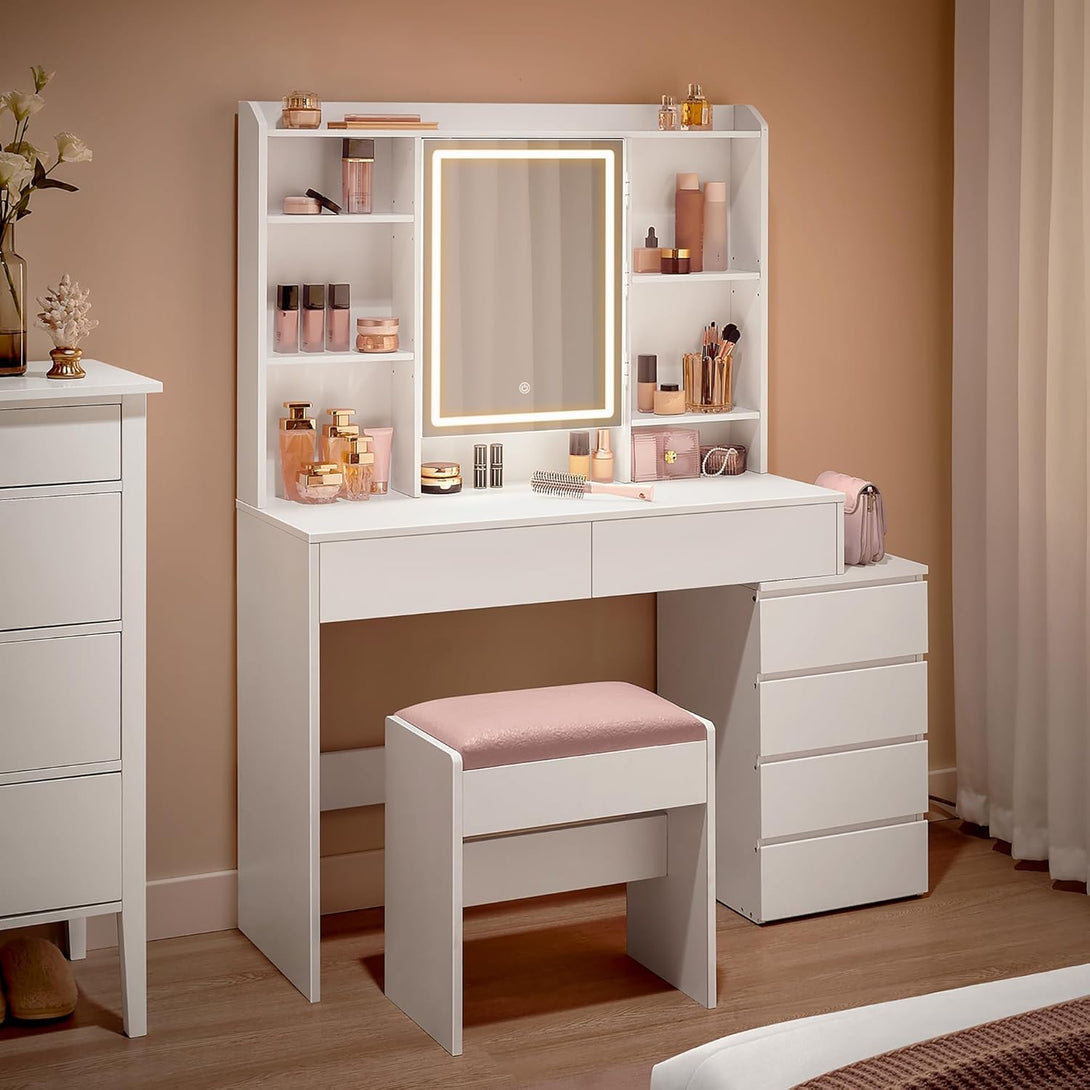 VASAGLE sminkasztal LED-világítással, székkel, felhőfehér színben-Vashome.sk
