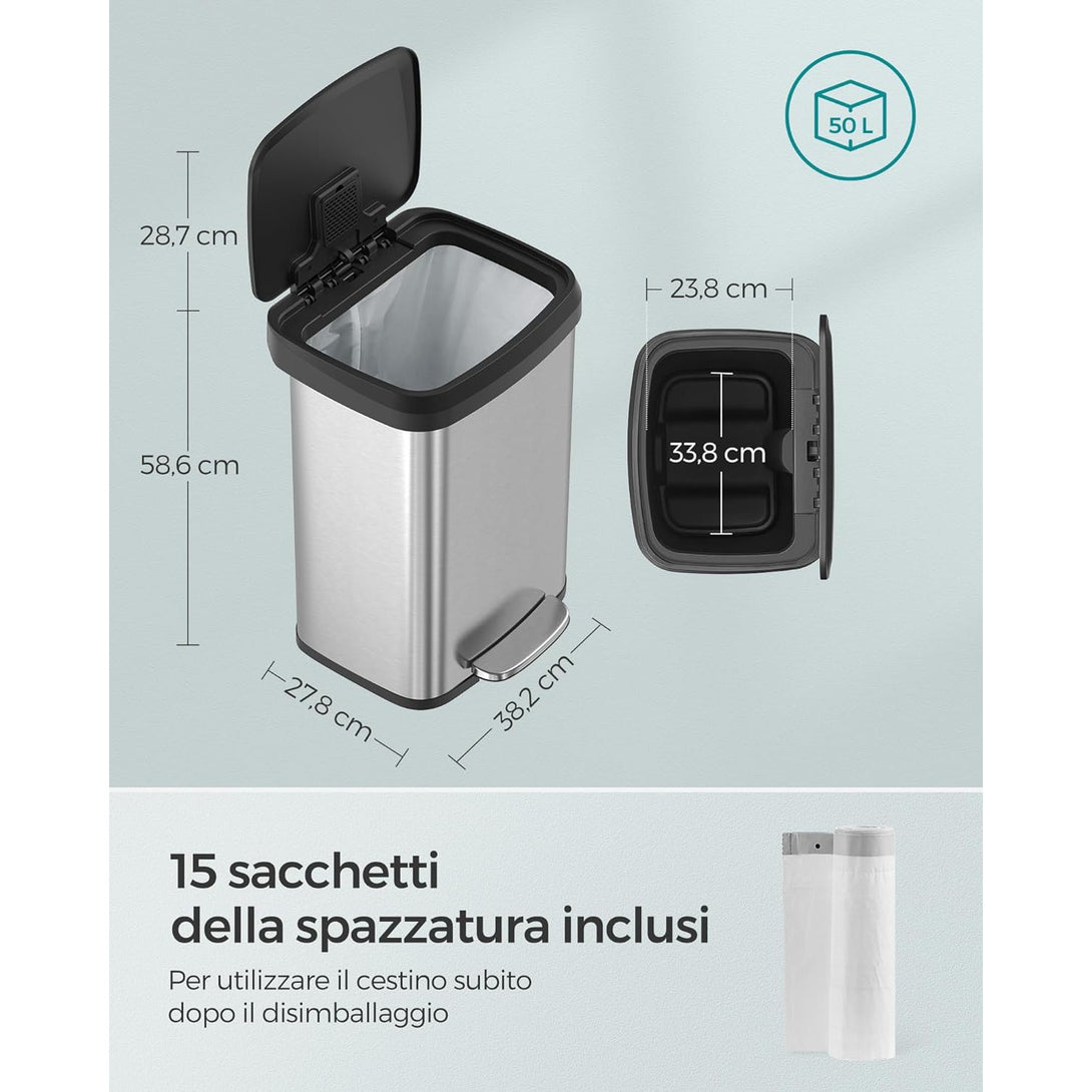 Kitchen Bin, 50L Waste Bin, Metal Pedal Bin with Lid, Tall and Large, Silver and Black LTB530E50-Vashome.sk
