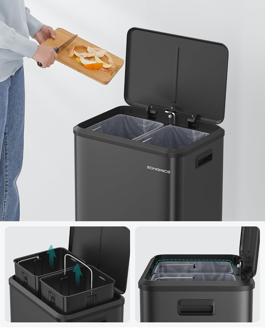 SONGMICS 2 x 15 literes konyhai szemetes fekete színben-Vashome.sk