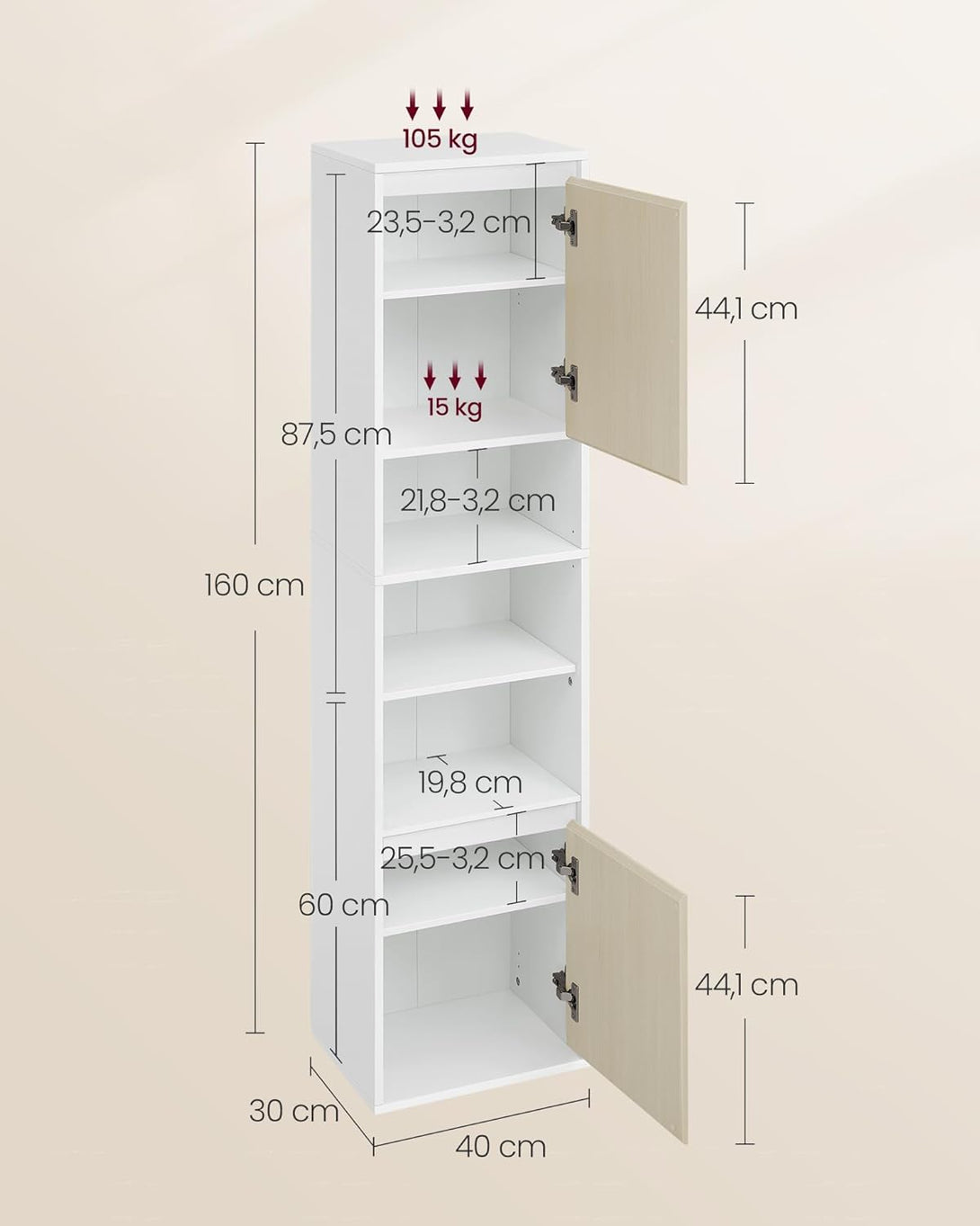 Kúpeľňová skrinka nástenná, vysoká kúpeľňová skrinka, výška 160 cm, biela a béžová-Vashome.sk