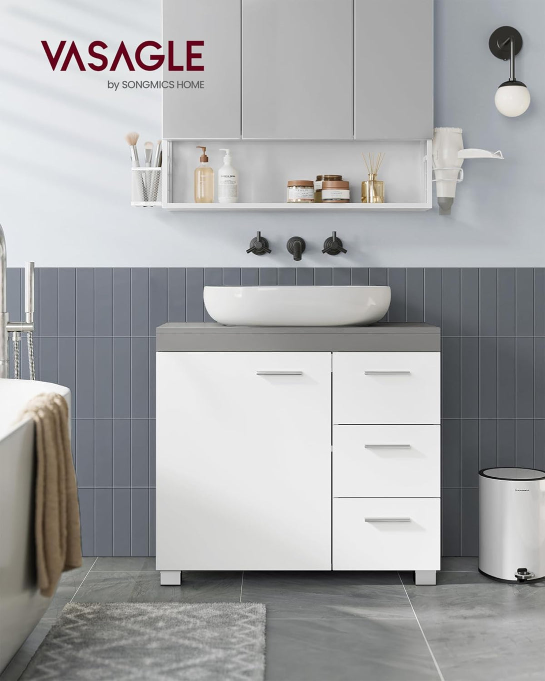 Mosdó alatti szekrény, fürdőszobai szekrény 30 × 70 × 64 cm，fehér–szürke-Vashome.sk