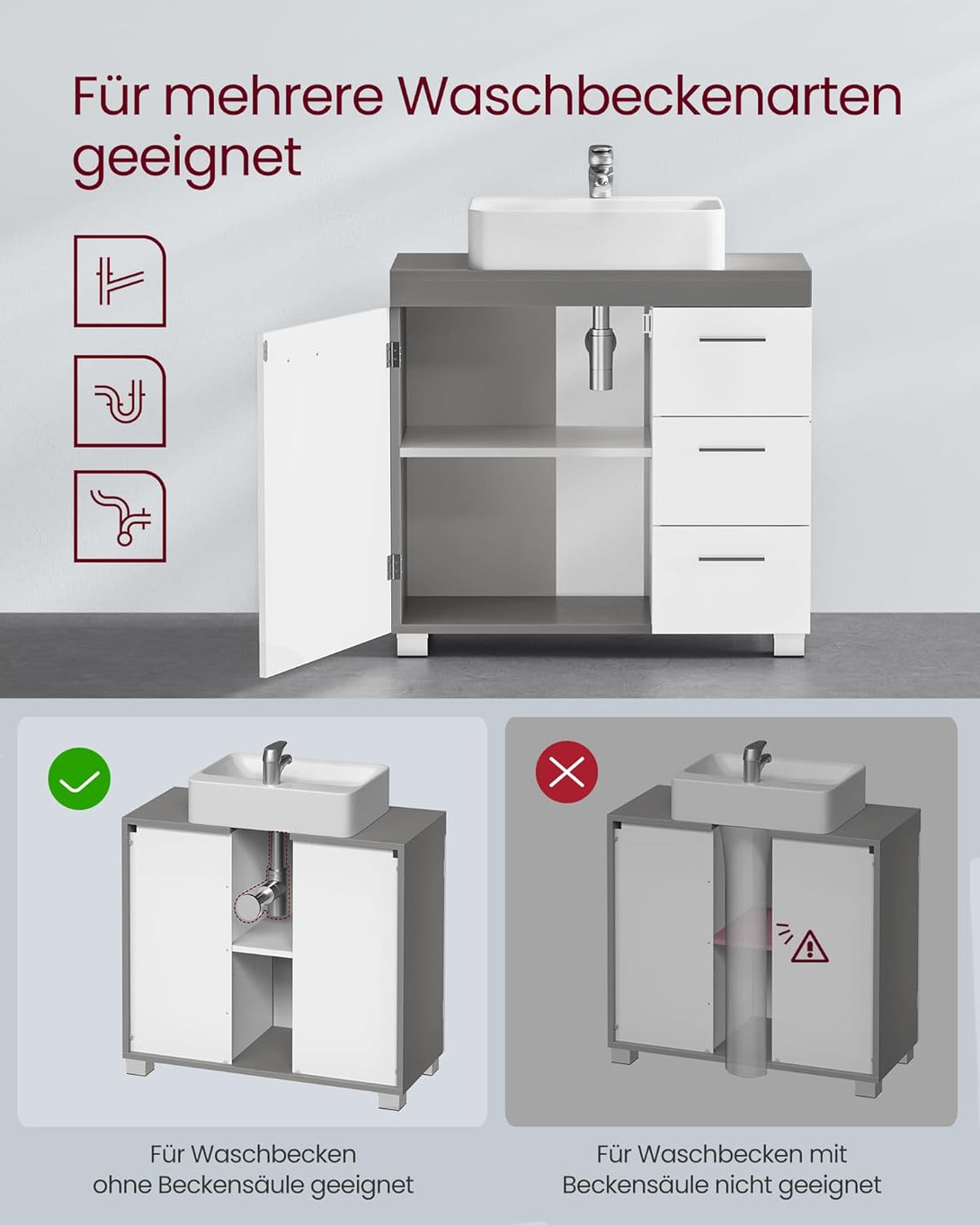 Mosdó alatti szekrény, fürdőszobai szekrény 30 × 70 × 64 cm，fehér–szürke-Vashome.sk