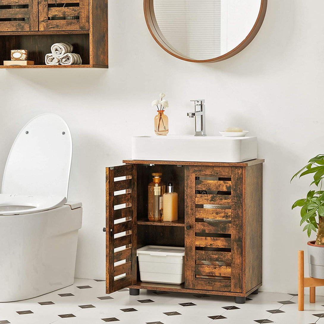 Rustikálna hnedá kúpeľňová skrinka s policou pod umývadlo-Vashome.sk