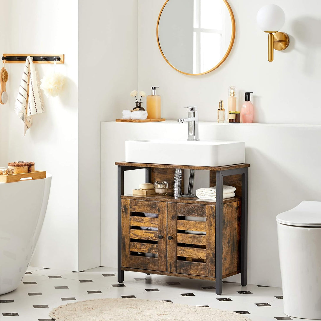 Kúpeľňová skrinka pod umývadlo s lamelovými dvierkami, rustikálna hnedá | VASAGLE-Vashome.sk