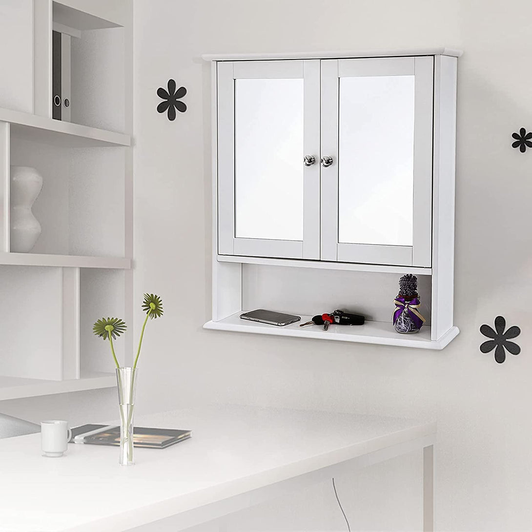 Kúpeľňová skrinka s dvojitými zrkadlovými dvierkami 56 x 13 x 58 cm, biela-Vashome.sk