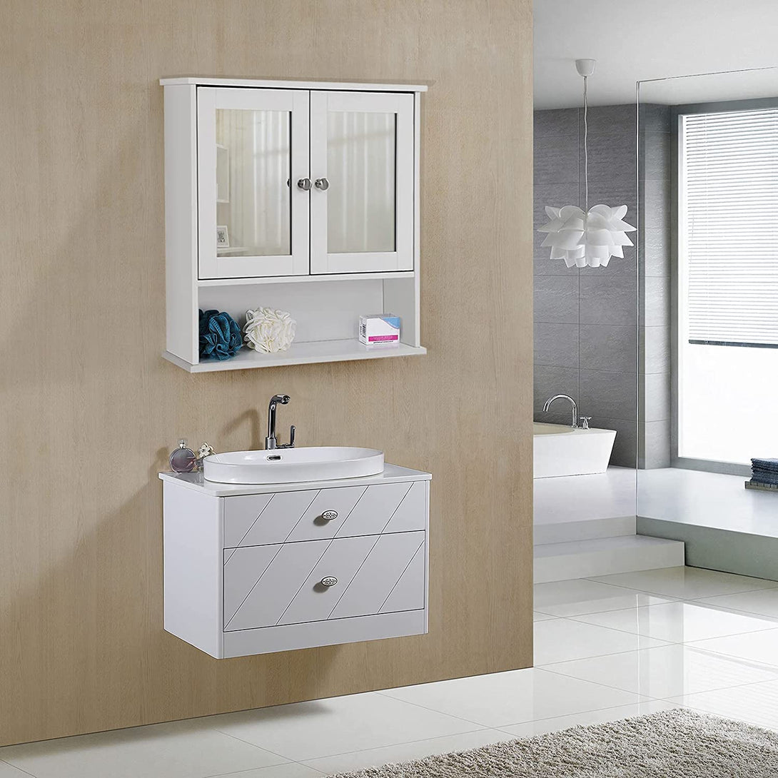 Kúpeľňová skrinka s dvojitými zrkadlovými dvierkami 56 x 13 x 58 cm, biela-Vashome.sk