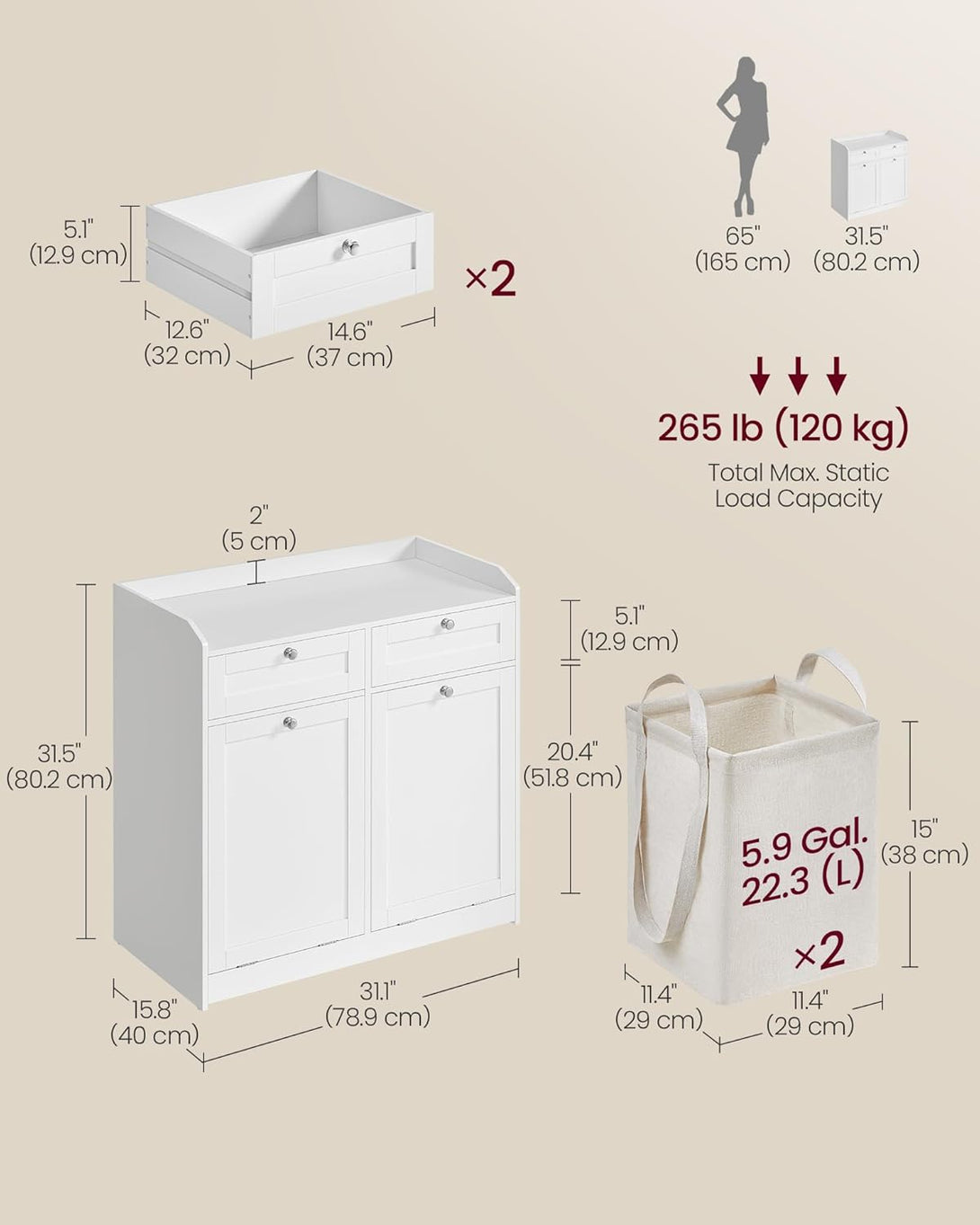 Fürdőszobai szekrény szennyeskosarakkal 40×78,9×80,2 cm, felhőfehér színben-Vashome.sk