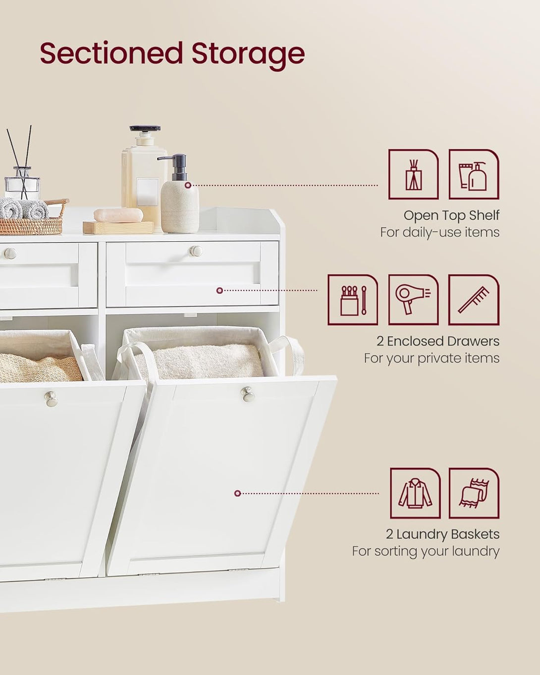 Fürdőszobai szekrény szennyeskosarakkal 40×78,9×80,2 cm, felhőfehér színben-Vashome.sk