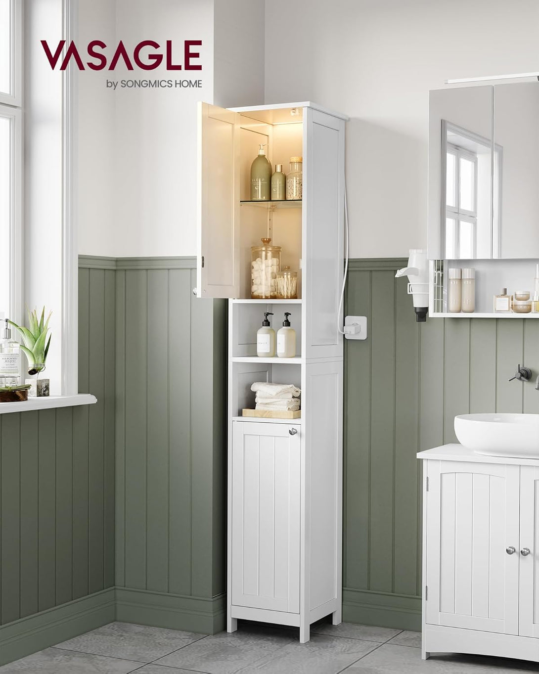 Kúpeľňová skrinka s osvetlením, vysoká, 30 x 30 x 170 cm, biela-Vashome.sk