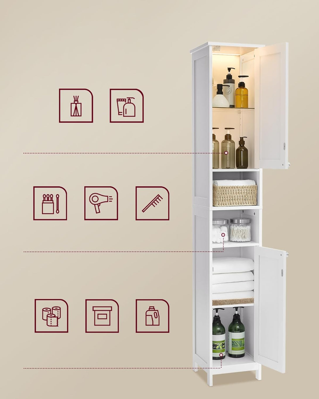Kúpeľňová skrinka s osvetlením, vysoká, 30 x 30 x 170 cm, biela-Vashome.sk
