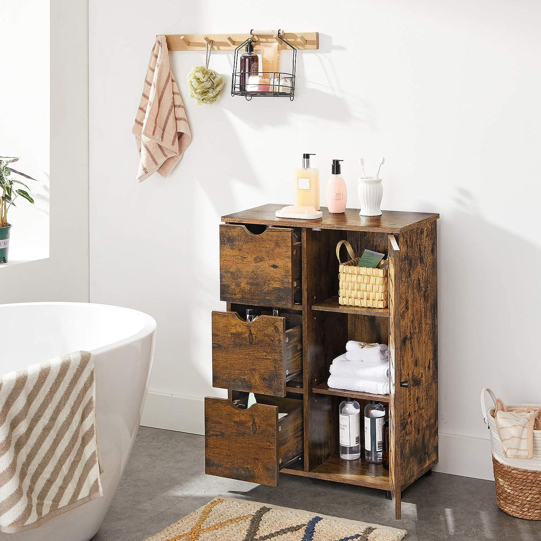 Kúpeľňová skrinka, úložná skrinka s 3 zásuvkami, rustikálna hnedá | VASAGLE-Vashome.sk