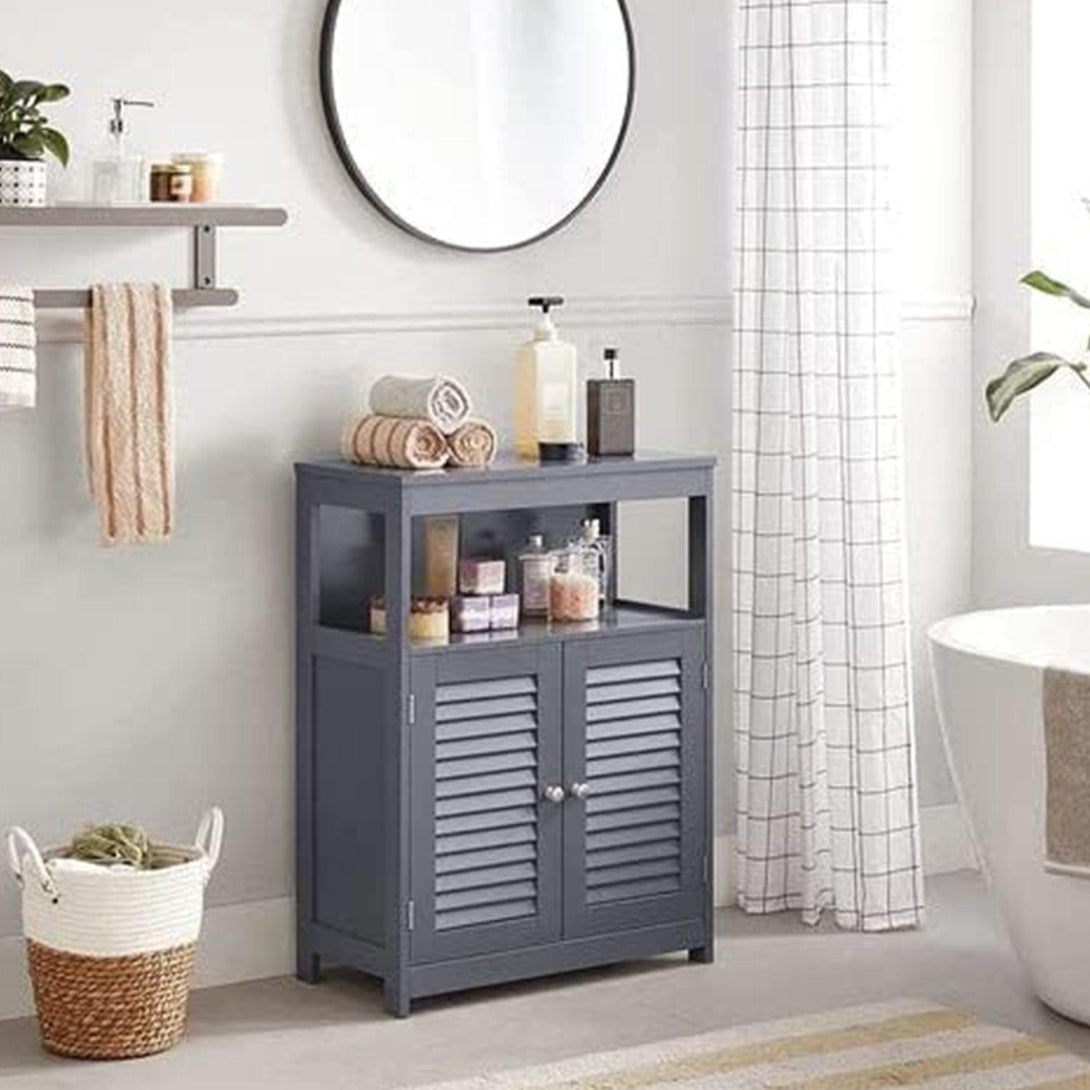 Kúpeľňová skrinka, voľne stojaca skrinka s lamelovými dvierkami, sivá | VASAGLE-Vashome.sk