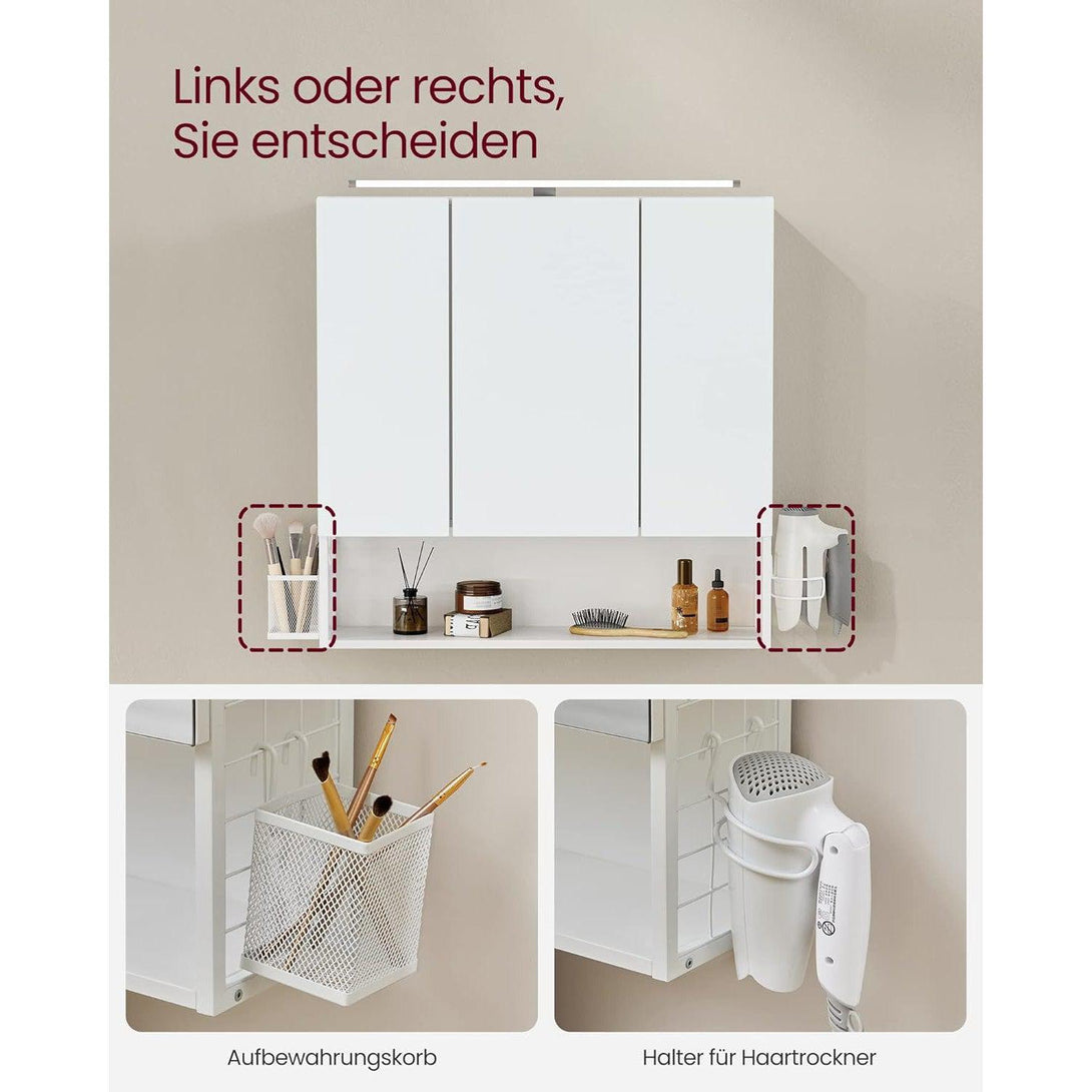 Kúpeľňová zrkadlová skrinka s osvetlením, nástenná skrinka, integrovaný kábel, biela | VASAGLE-Vashome.sk