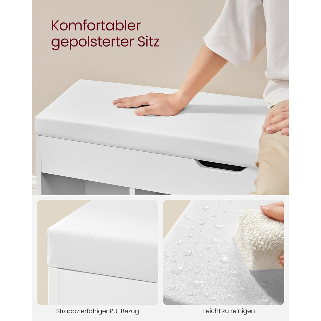 Cipős pad párnával, tárolópad párnázott ülőfelülettel, 3 rekeszes, fehér-Vashome.sk