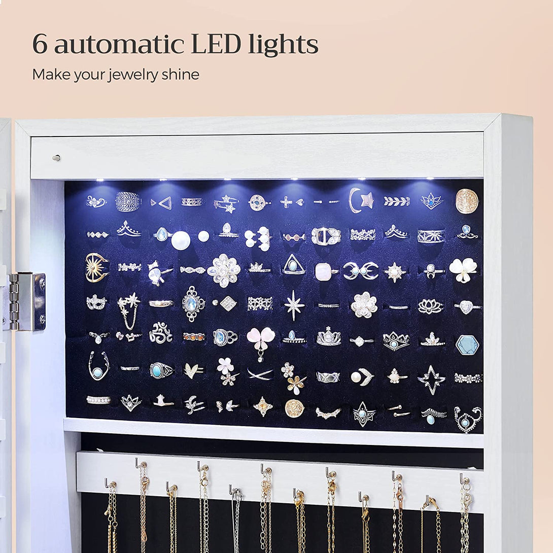 LED skrinka na šperky, nástenný zrkadlový organizér na šperky s 2 zásuvkami, 120x37x9,5 cm, biela-Vashome.sk