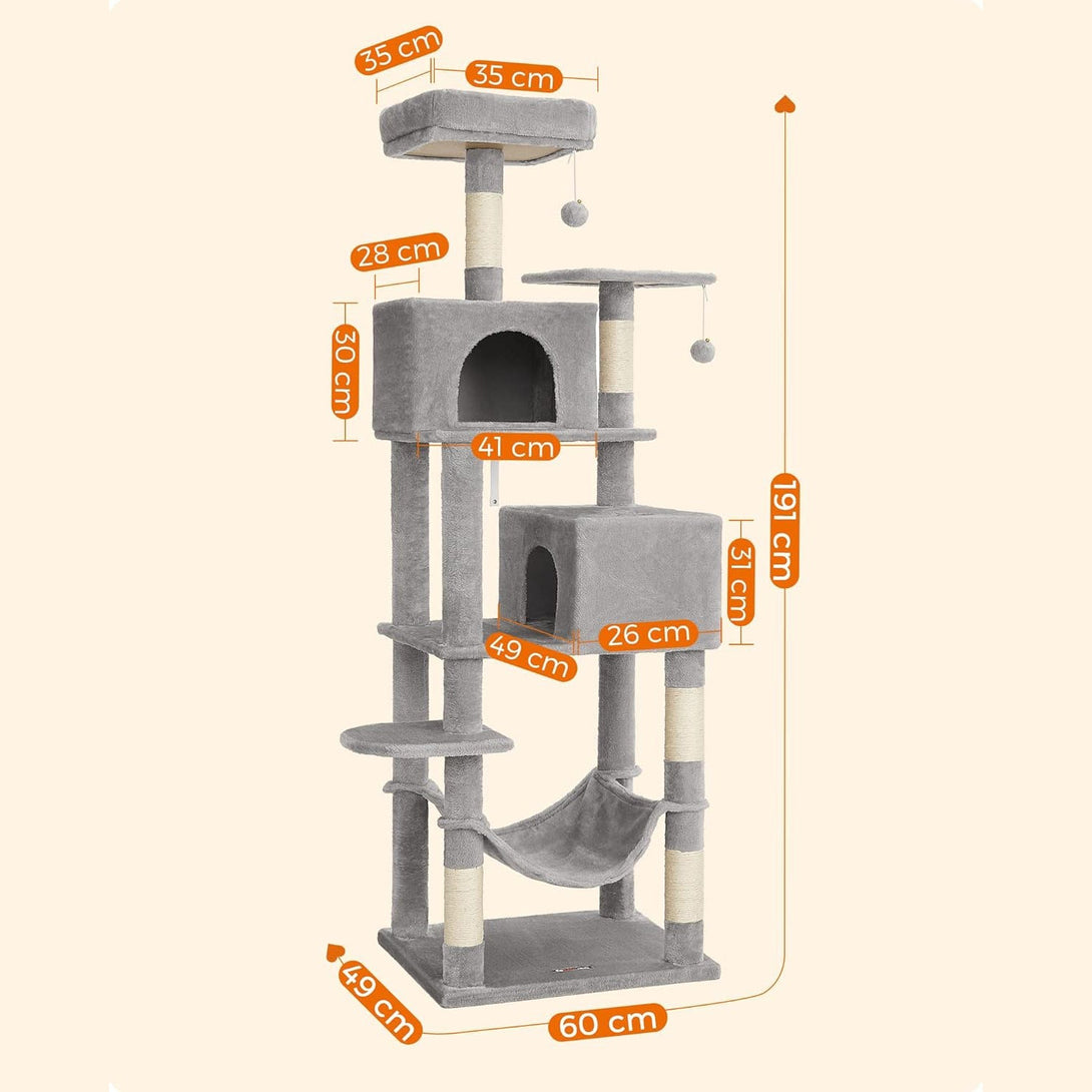 Mačací strom 191 cm, škrabadlo, 2 jaskyne, hojdacia sieť, svetlosivá farba | FEANDREA-Vashome.sk