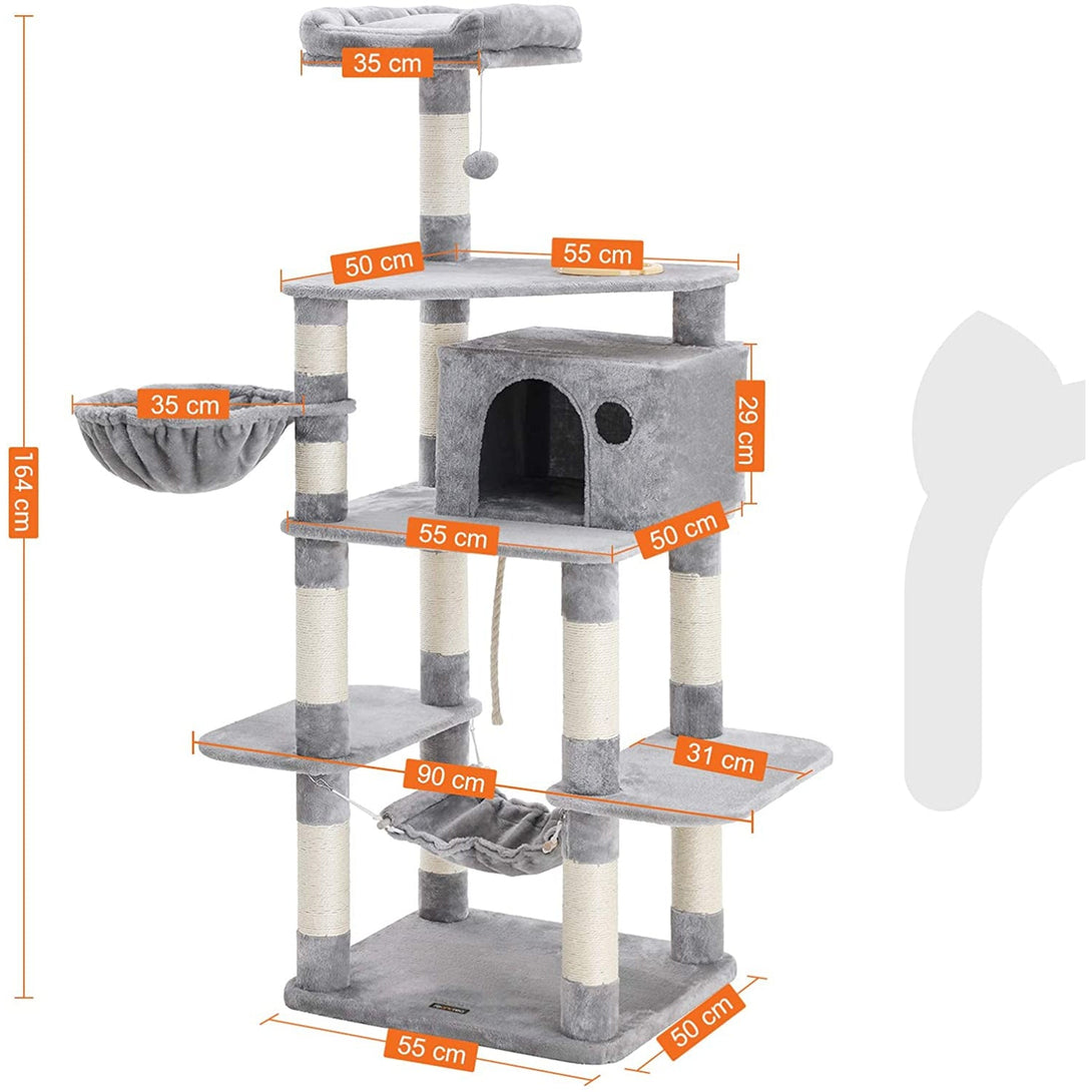 FEANDREA Mačací strom viacúrovňový, s miskou, sisalové stĺpiky, 164 cm, svetlo šedý
