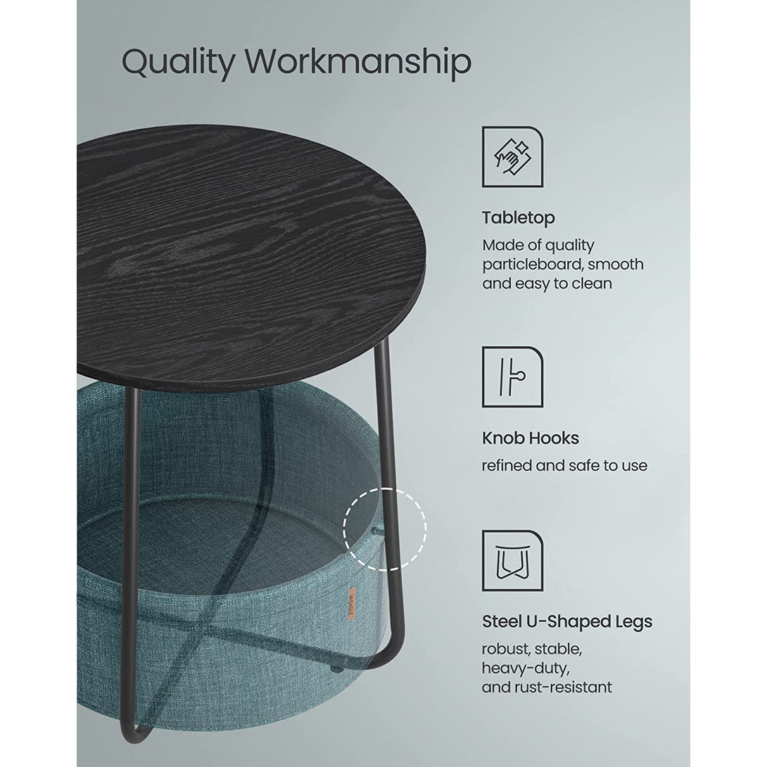 Malý stolík, okrúhly príručný stolík s textilným košíkom, čierna a tyrkysová farba | VASAGLE-Vashome.sk