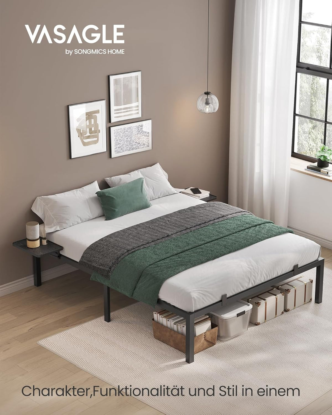 160 × 200 cm-es fém ágykeret, vendégágy tárolópolcokkal, fekete-Vashome.sk