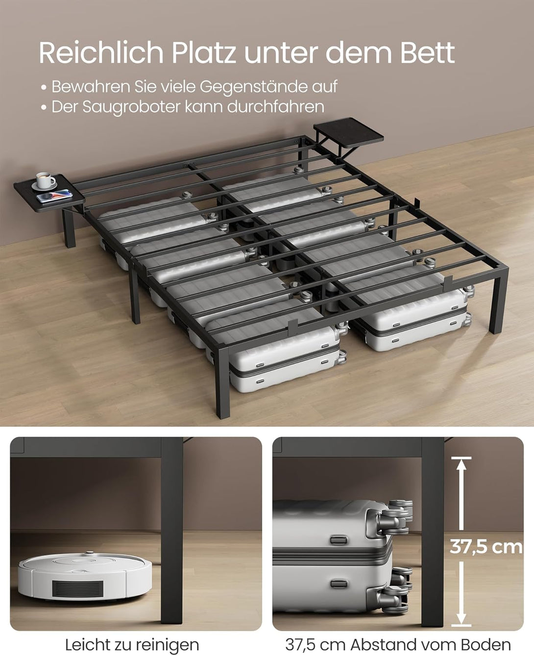 160 × 200 cm-es fém ágykeret, vendégágy tárolópolcokkal, fekete-Vashome.sk