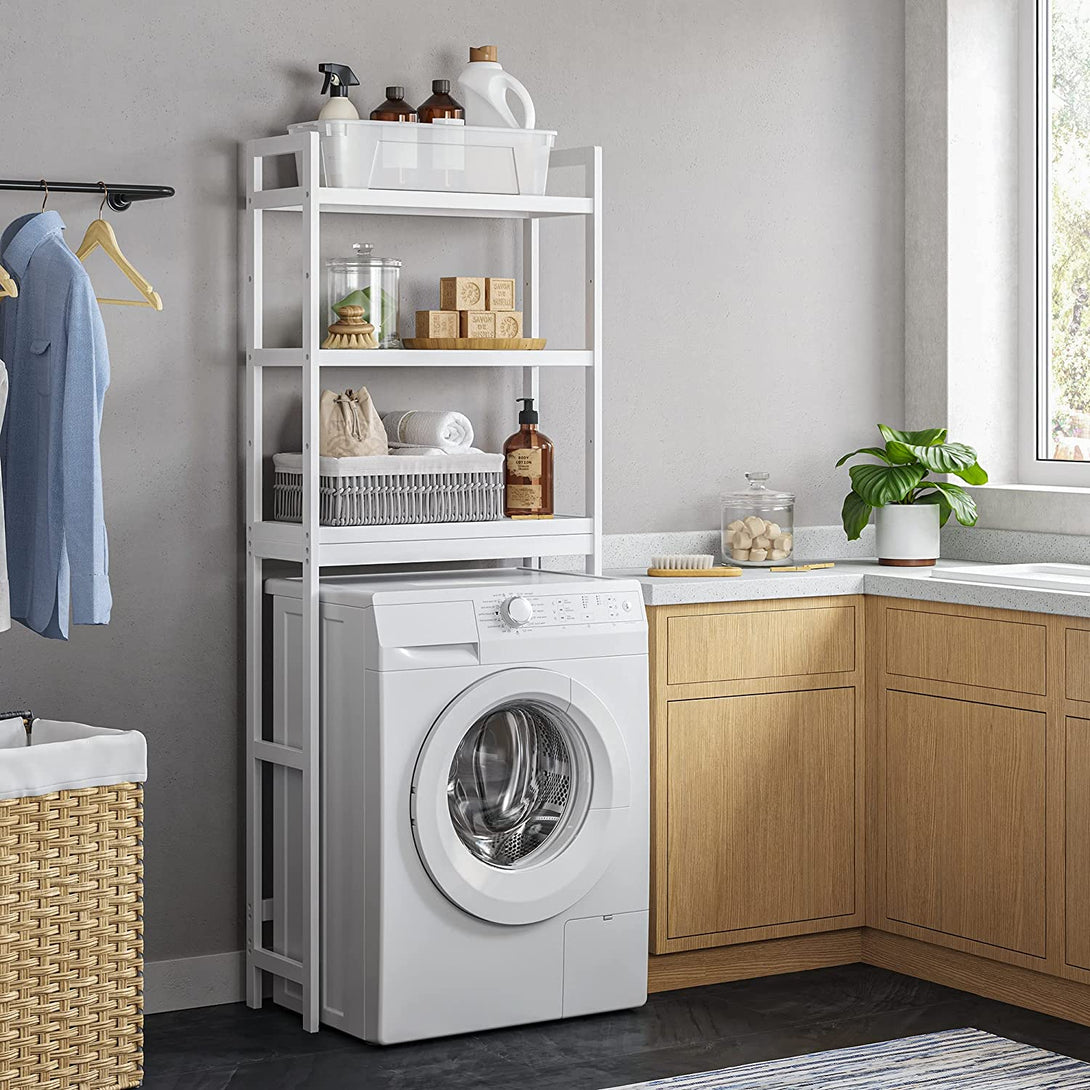 SONGMICS Nastaviteľná bambusová polica do kúpeľne, 63 x 26 x 163 cm, biela-Vashome.sk